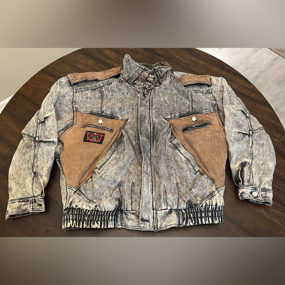Vintage 1992 Cotler Blue Alley Denim & Leather Patchwork Jacket Acid Wash-Spots-